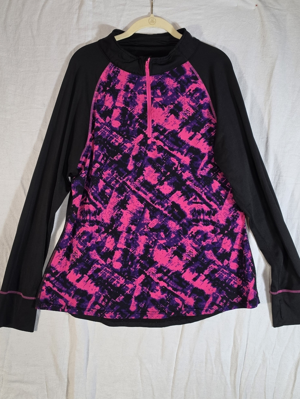 Zone Pro X Hot Pink Black Print Long Sleeve Zip Up Athletic Top Thumb Holes 1X